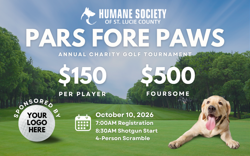 Pars Fore Paws Annual Charity Golf Tournament flyer for 2026 at the Saints Golf Course in Port St. Lucie on October 10, 2026